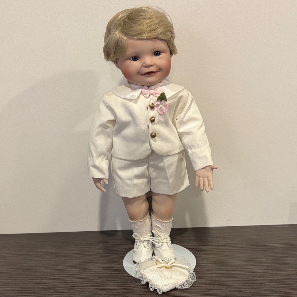 Charming White Porcelain Doll with Blonde Hair